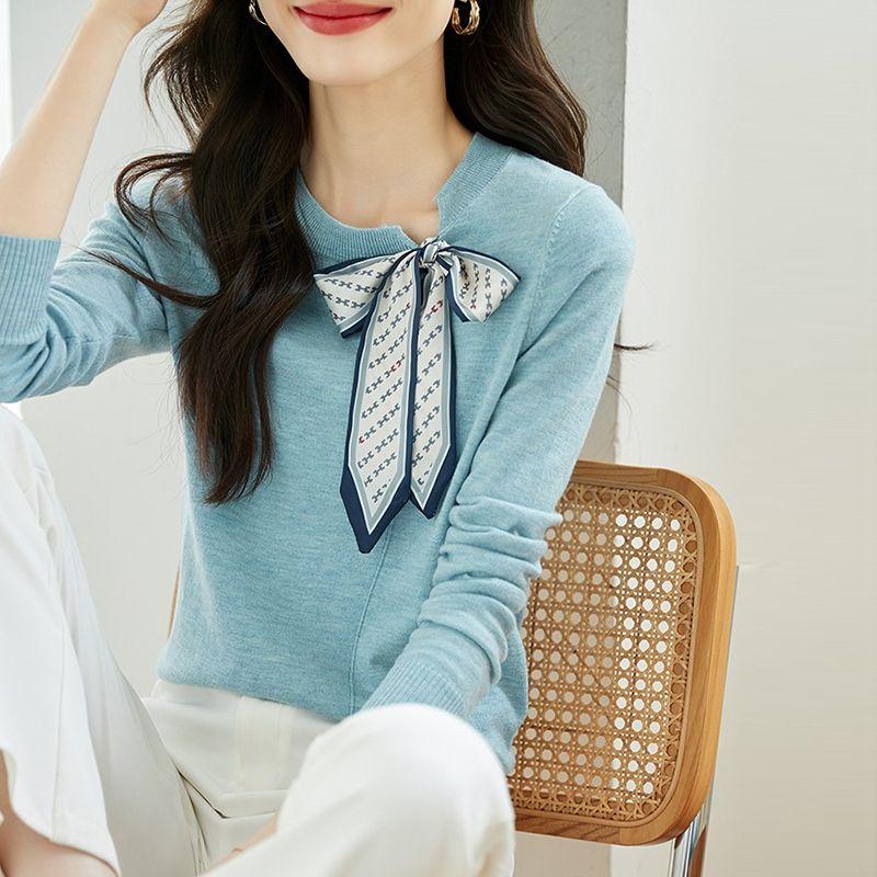 

Французский стиль Мода весна осень новые свитера женские О-образный вырез бант шнуровка маленький шарф темперамент длинный рукав пуловеры вязаный топ M небесно-голубой