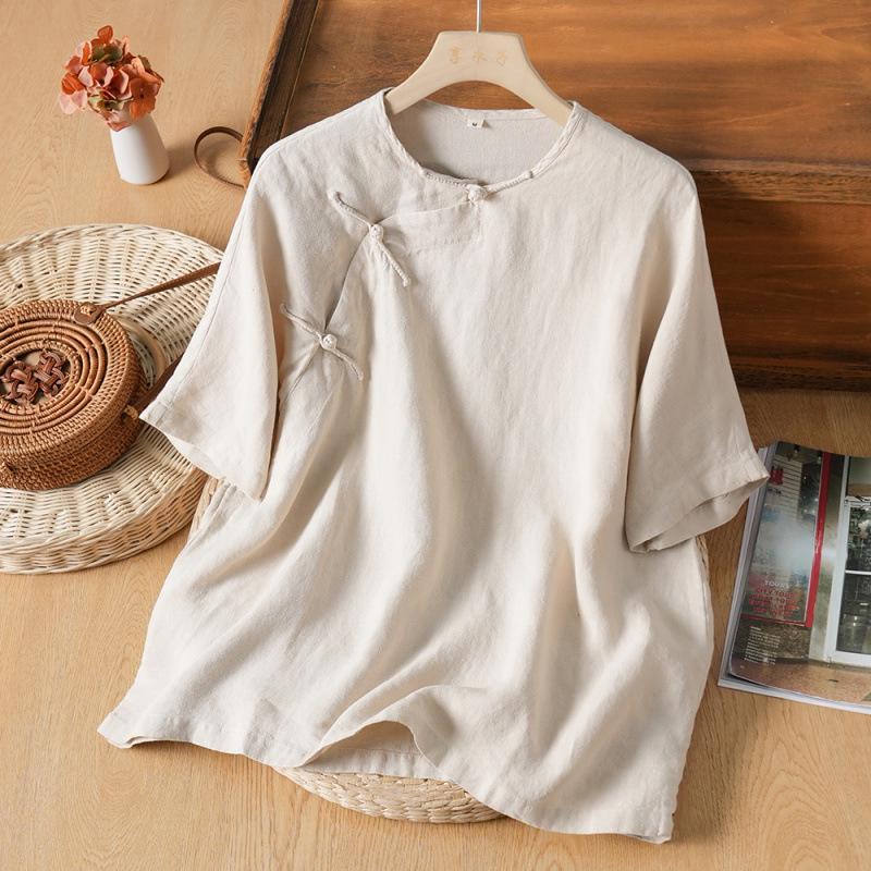 2026 Summer Women's Asymmetrical Cotton Linen Tea Ceremony Shirt