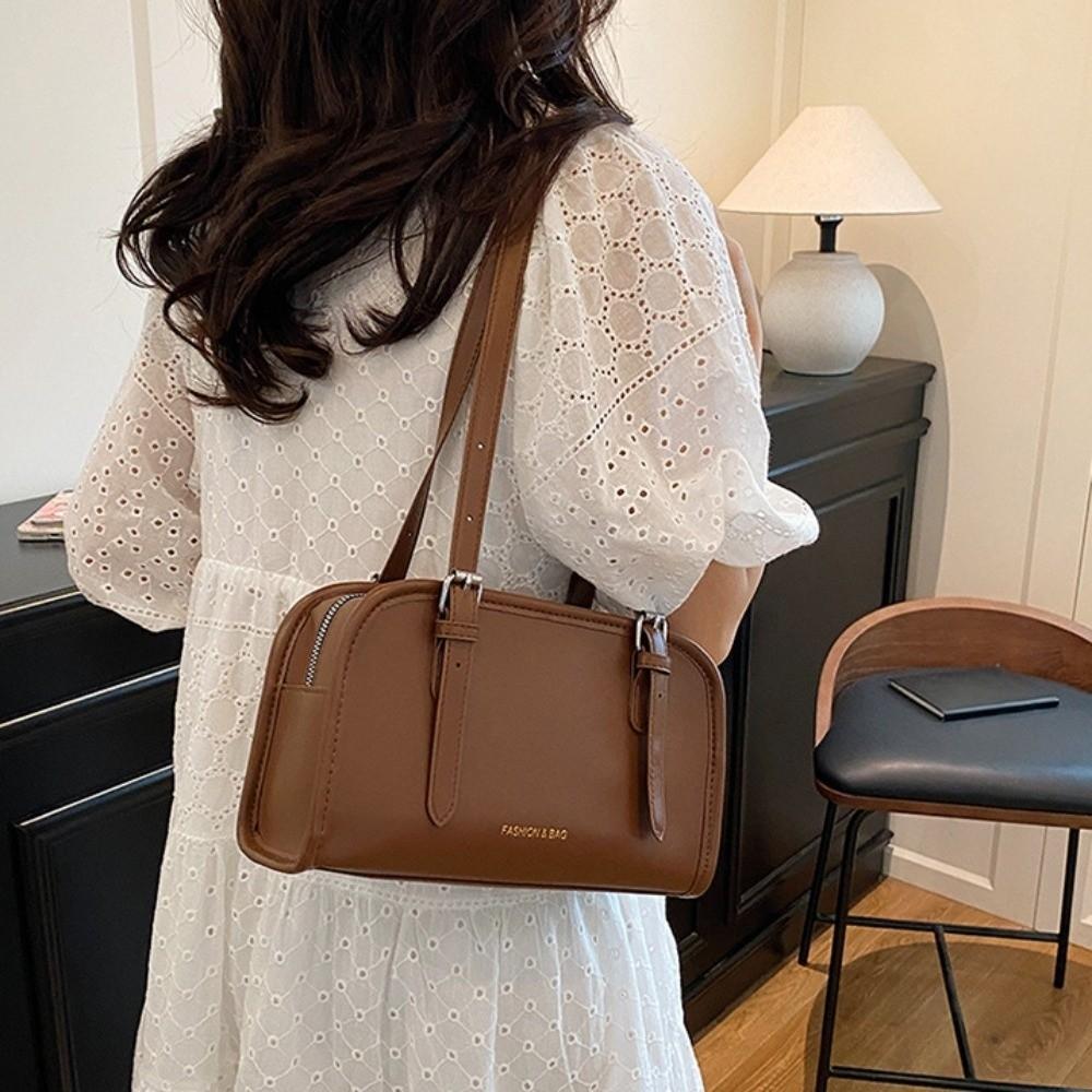 Casual Korean Style Boston Bag Underarm Simple Single Shoulder Bag Large Capacity Vintage PU Leather Handbag Unisex