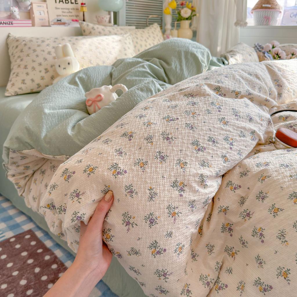 Clever Plan: Small Fresh 110g High Quality A-class Puff Cotton Wrinkled Yarn Four Piece Set Imitation Water Washed Cotton Four Piece Set