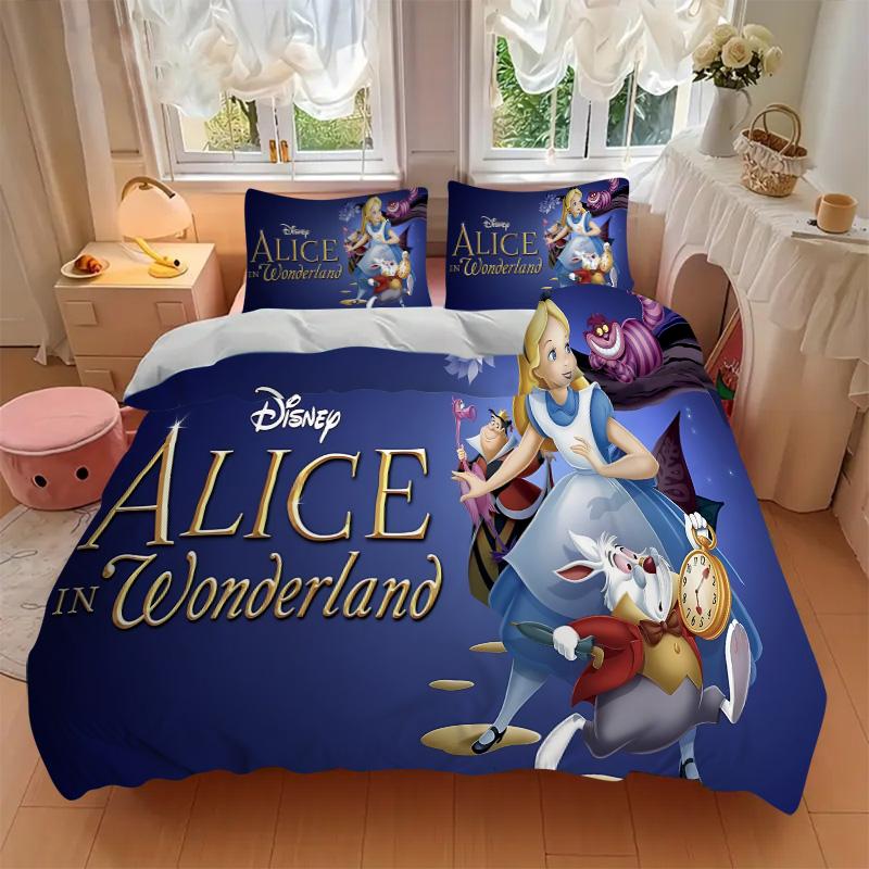 Alice im Wunderland Druck 3-teiliges Bettwäsche-Set Bettbezug mit 2 Kissenbezügen Zuhause Geburtstagsgeschenk