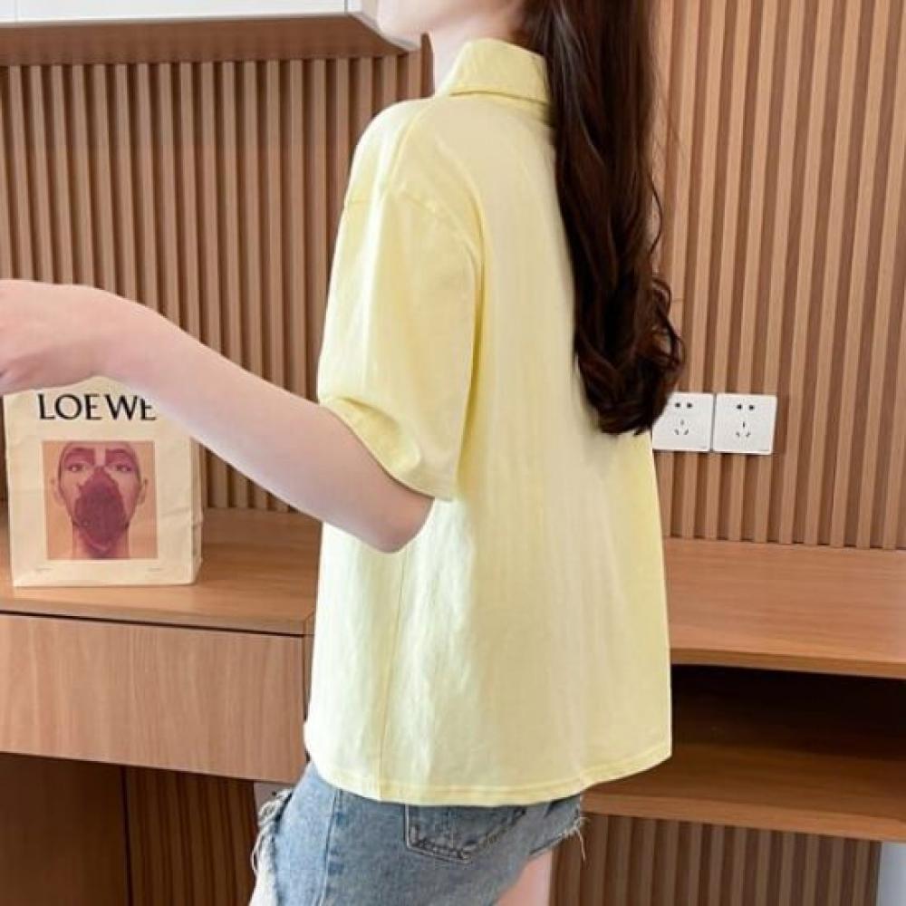 Navava Women Color AccenT BuTTon Collar ShorT Sleeve T shirT nT2479