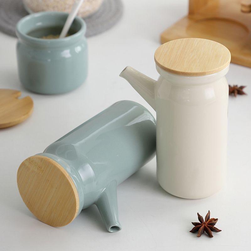 Keramik-Gewürzgläser-Set mit Bambustablett – Salz-, Öl-, Gewürzbehälter für die Küche