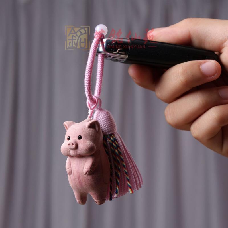 Violet Peach Wood Pig Pendant Keychain Ornament