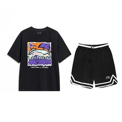 Cartoon Print Round Neck Short Sleeve Sports Suit With Striped Shorts Unisex Sportswear Black AHST543-2+YAPV001-1