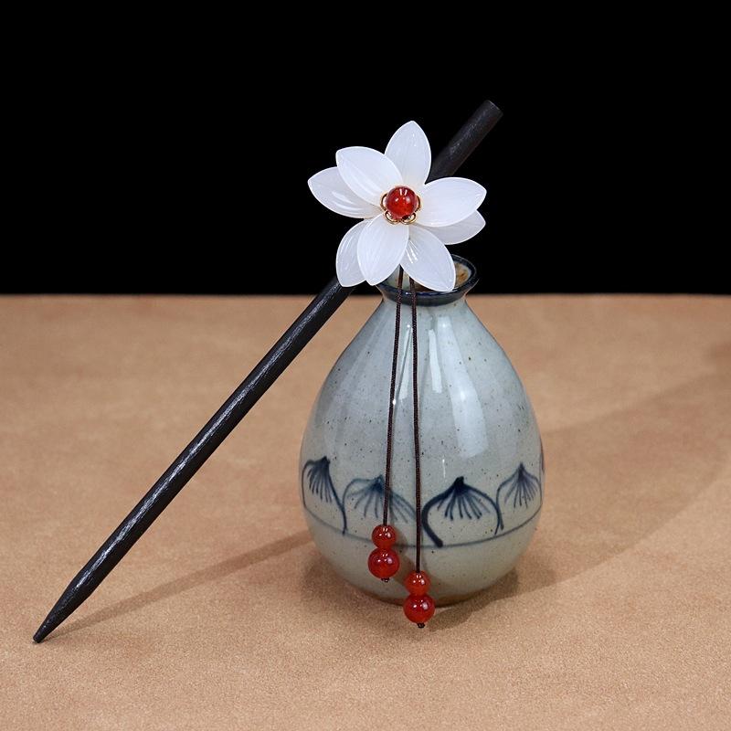 

Шпилька-кисточка в стиле ханьфу с лотосом, шпилька с глазурованным лепестком лотоса из агата, деревянное украшение для волос