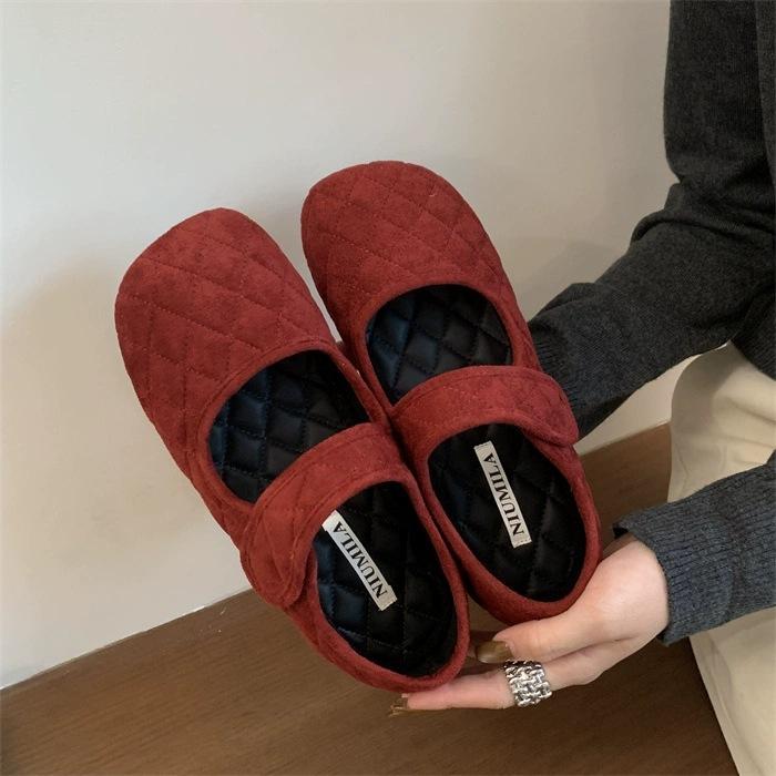 Vintage Suede Rhombus Velcro Shallow Mouth Mary Jane Shoes Night Breeze Gentle Soft Sole Versatile Lazy Bread Single Shoes