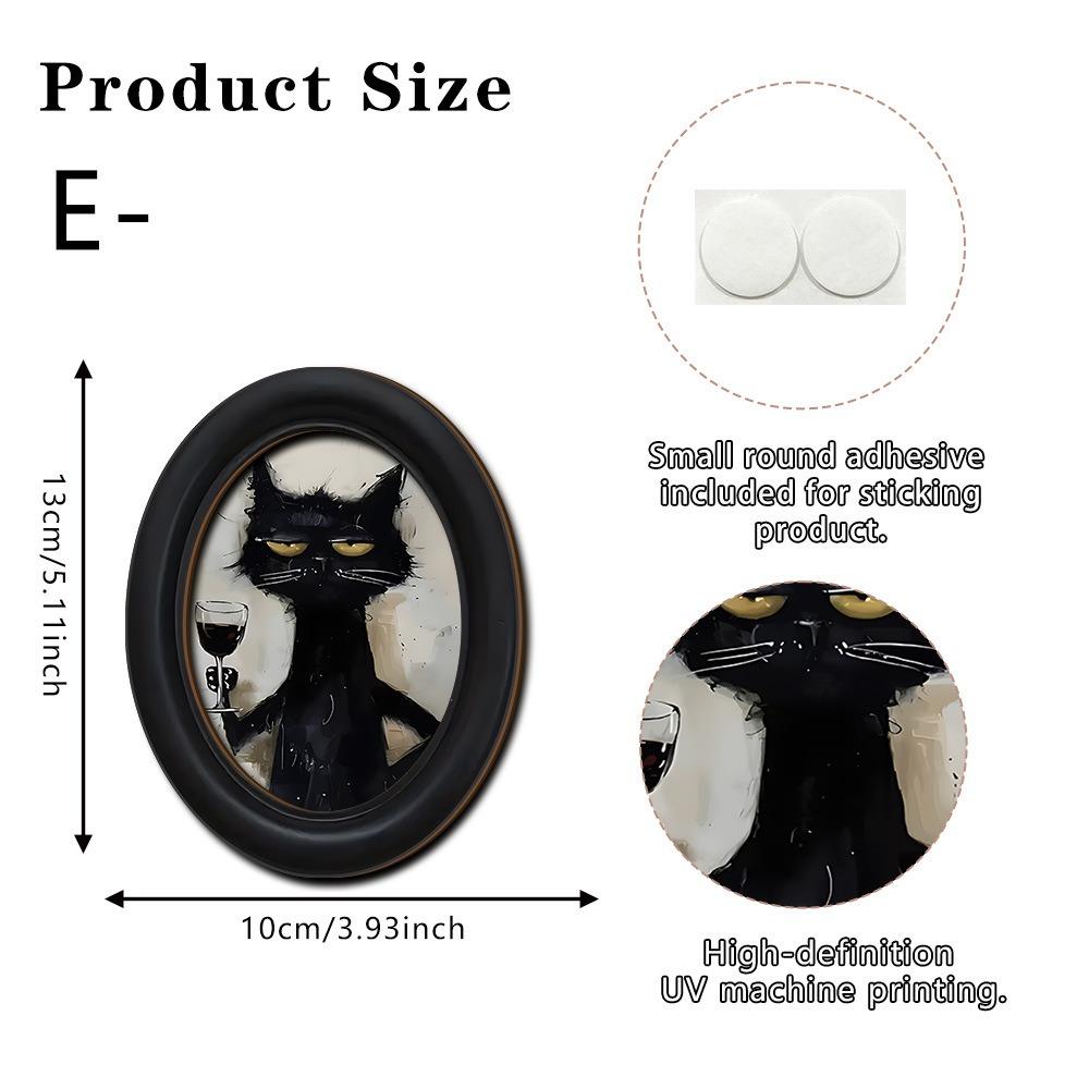 Durable 2D Abstract Wall Art Wooden Black Frame Wall Decor Oval Shaped Adhesive Mounting Cat Portrait Decor Living Room