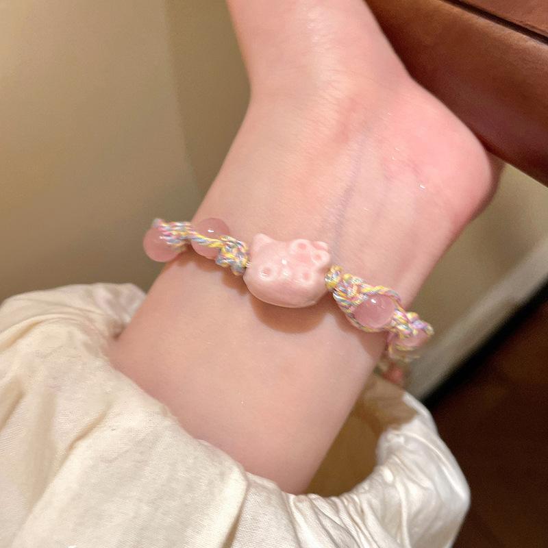 Farbiges Seil handgewebtes Keramikarmband schlichtes und niedliches KT-Katzen-Design Armband Mode süßer College-Stil Schmuck Frauen