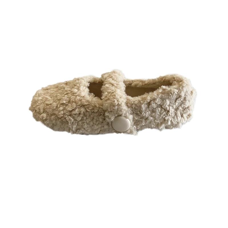 Fashion Winter New Fashion White Furry Beanie Shoes Women Wear French Style Plus Fleece Cotton Shoes Female Fairy Solid Mary Jane Shoes