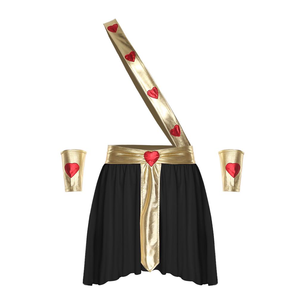 Mens Love God Costume Elastic Waist Contrast Color Heart Design Asymmetrical Skirt Metallic Sash Cuffs Set