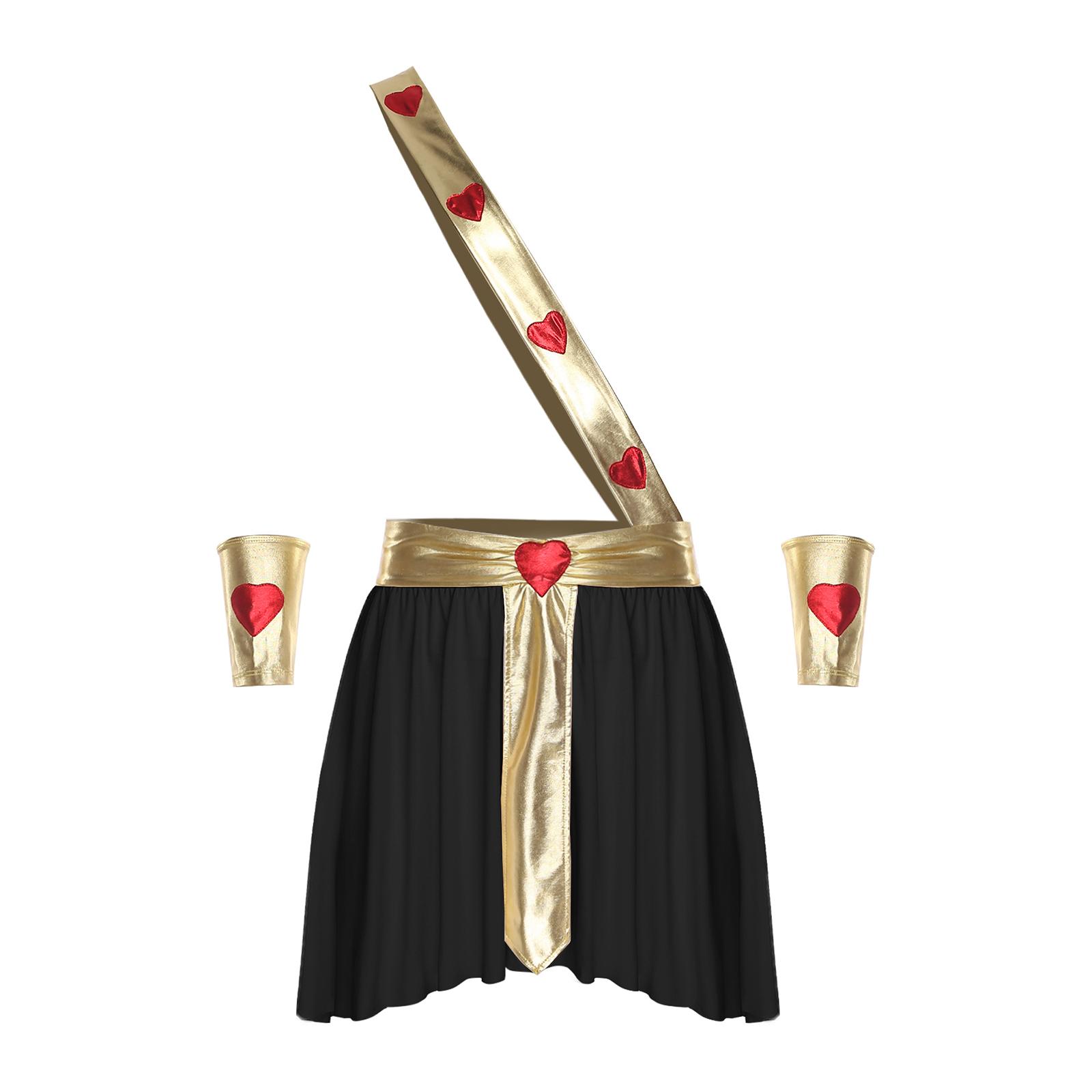 

Mens Love God Costume Elastic Waist Contrast Color Heart Design Asymmetrical Skirt Metallic Sash Cuffs Set L чорний
