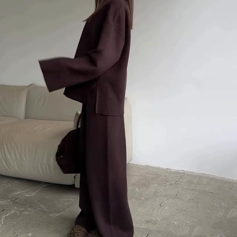 Womens Solid Color Crew Neck Knit Sweater Wide Leg Pants Set Casual Outfit