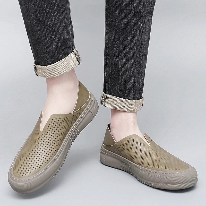 Fashion Summer New Punching Casual Shoes Breathable Men's Leather Shoes Fashion Handmade Shallow Mouth Loafers Outdoor Walking Mocassins