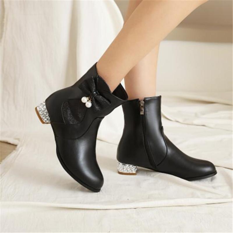 Autumn Winter Girls Boots New Style Sweet Bow Zipper Mid Boots High Heel Women's Boots Pink Lolita Student Boots Plus Size 28-43