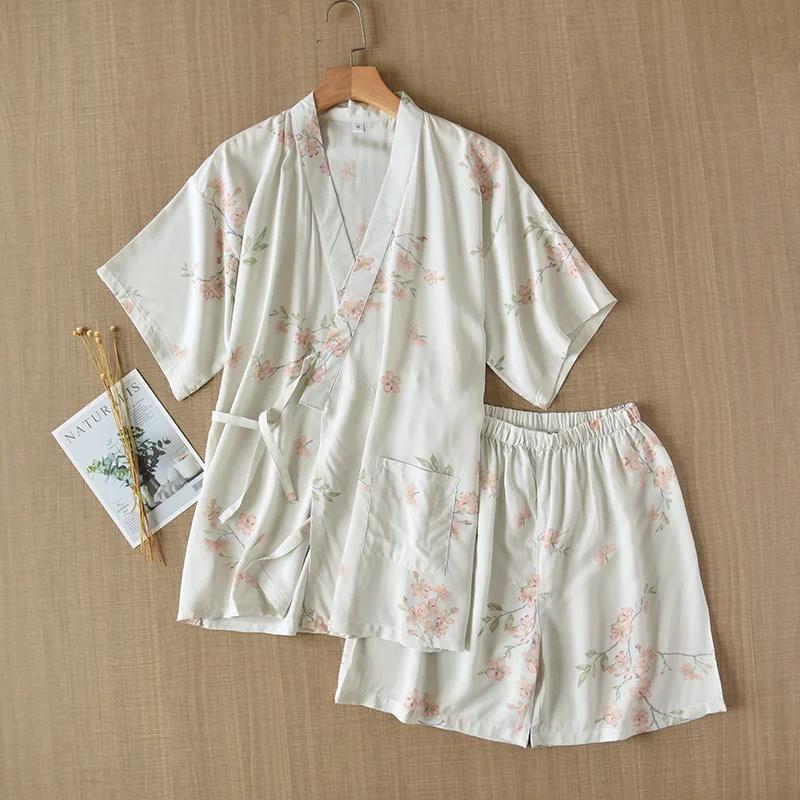 Cropped Sleeved Shorts Summer Women's Pajama Set Home Clothing Kimono Set Women's Pink Pajama Set