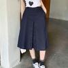 Women's High Waist Navy Blue A-line Cotton Linen Midi Skirt - Plus Size, Retro Pleated Design for Summer