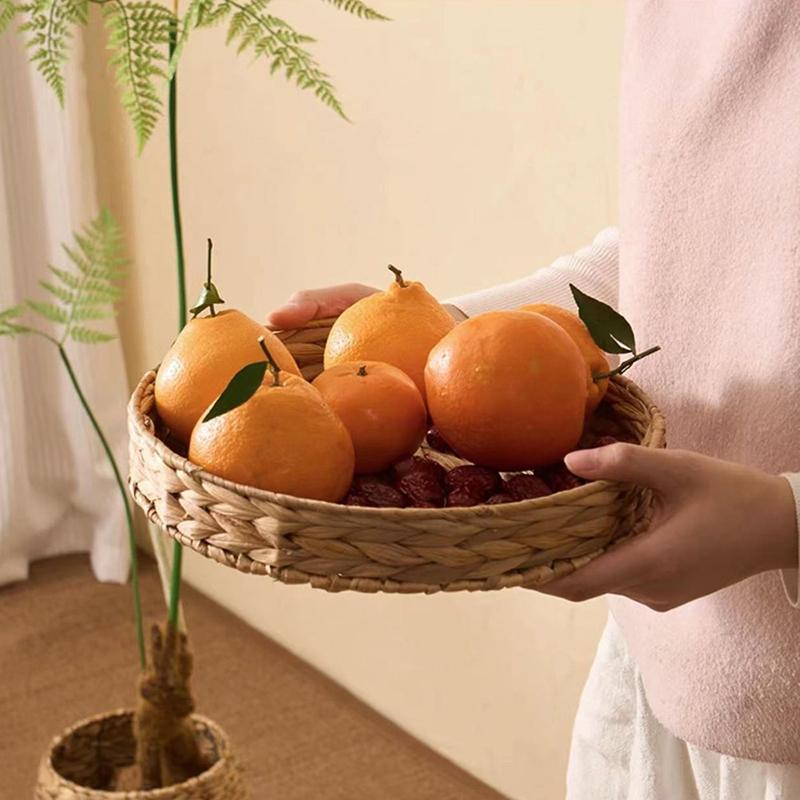 Panier en Osier Rotin Tressé à la Main Panier à Fruits Thé En-cas Pain Boîte de Rangement Ronde Cosmétique Plateau Jacinthe d'Eau Plat à Bijoux