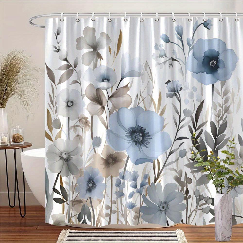 

1 Элегантная сине-белая цветочная шторка для душа - Полиэстер, Деликатные цветущие цветы в акварельном стиле с крючками 90X180cm