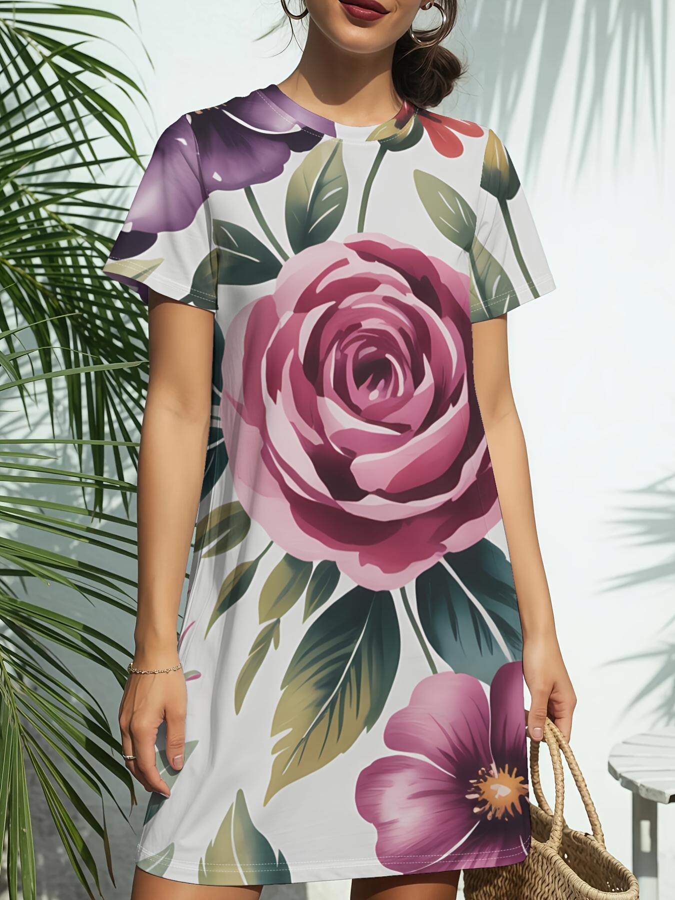 

The New Women S Round Neck Short Sleeve T-Shirt Dress Features a Watercolor Rose Design. Embodying American Fashion Trends with Digital Prints for Spr 4XL дубильна кора