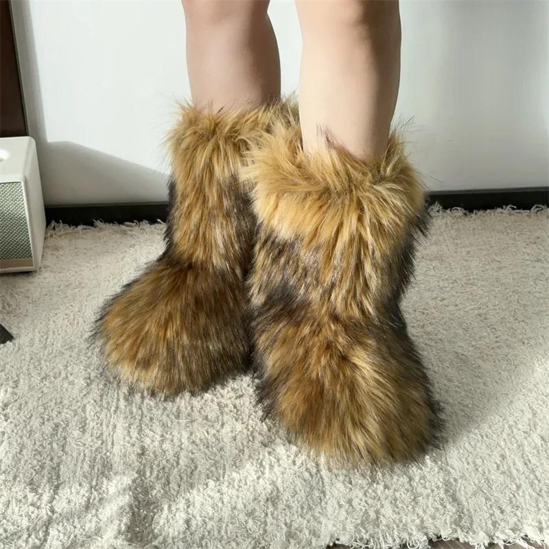 Fashion New Winter Fur Onepiece Raccoon Fur Female Snow Boots Fur Shoes Outdoor Mid Leg Boots
