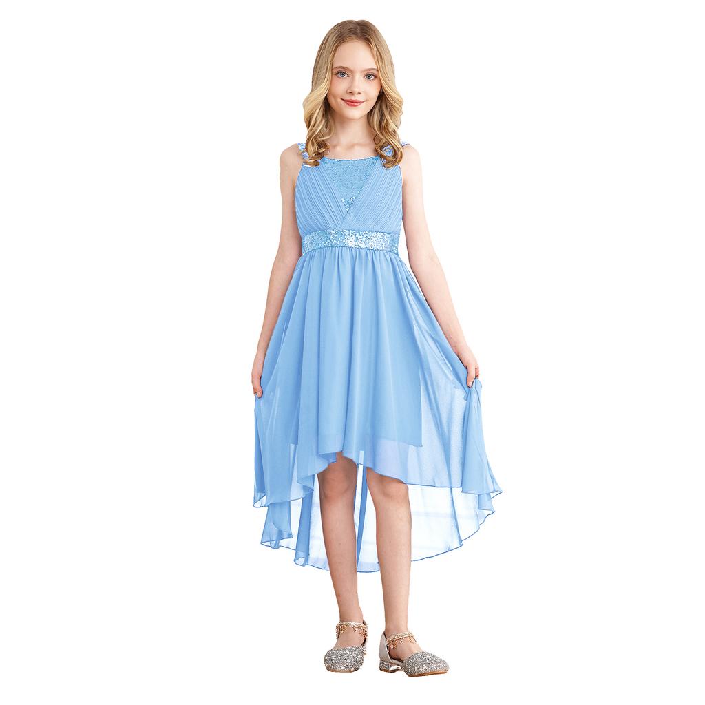 Girls Elegant Sequin Party Dress Ruched Design Sleeveless High Low Hem Chiffon Material Birthday Dress