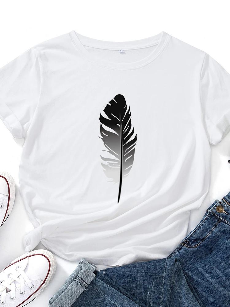 Black Feather Print T Shirt Women Short Sleeve O Neck Loose Tshirt Summer Women Tee Shirt Tops Camisetas Mujer