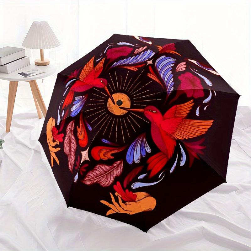 1pc Hummingbird Floral Automatic Open/close Folding Compact Umbrella, 8-Rib Sturdy Canopy, Lightweight Portable, Everyday Use, Gift, Outdoor Umbrella,