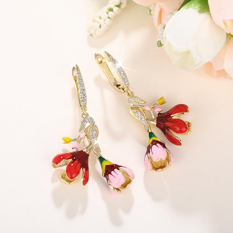 Metal-plated pastoral flower earrings, painting oil heavy industry small fresh earrings, lady vacation earrings