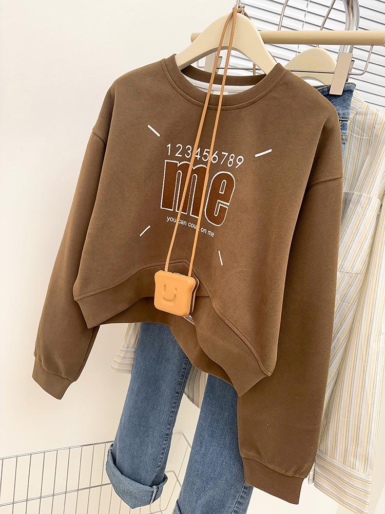 Large American Print Round Neck Pullover Sweater, Belly-Covering Casual Versatile Cross Long Sleeve Short Top