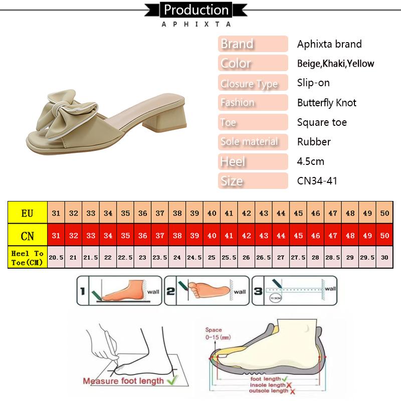 Aphixta 2025 Neue Sommer 4,5cm Quadratabsatz Pantoletten Süße Damenschuhe Schmetterlingsknoten-Design Quadratische Zehenpartie Pantoletten Sandalen Klassische Schuhe