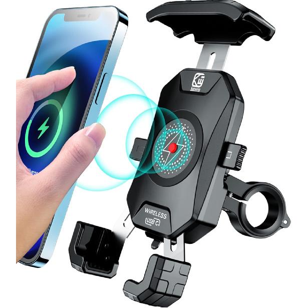 BRCOVAN Motorcycle Phone Mount Holder With Qi 15W Wireless Charger & PD/USB-C 20W Fast Charging Port, [1S Lock] Cellphone Cradle With Aluminum Alloy