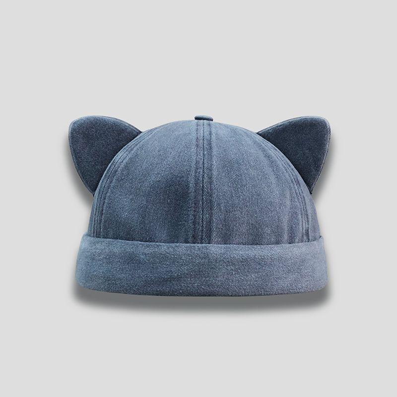 

Cute Cat Ear Brimless Cap for Women Washed Distressed Denim Skull Cap Edgy Trendy Streetwear Beanie Summer Versatile Hip Hop Hat синій