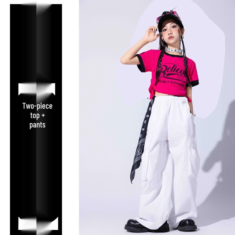 Dziewczęcy Zestaw Kostiumów Hip Hop Jazz Dance - Krótki Top i Modne Spodnie na Pokaz Mody Dziecięcej 160cm white