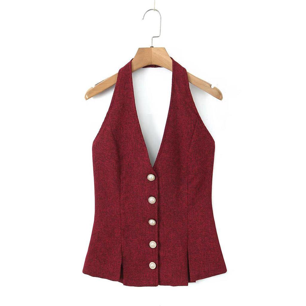 Spring 2025 Women's European & American Fashion: Simple Pearl Button Chunky Knit Halter Top