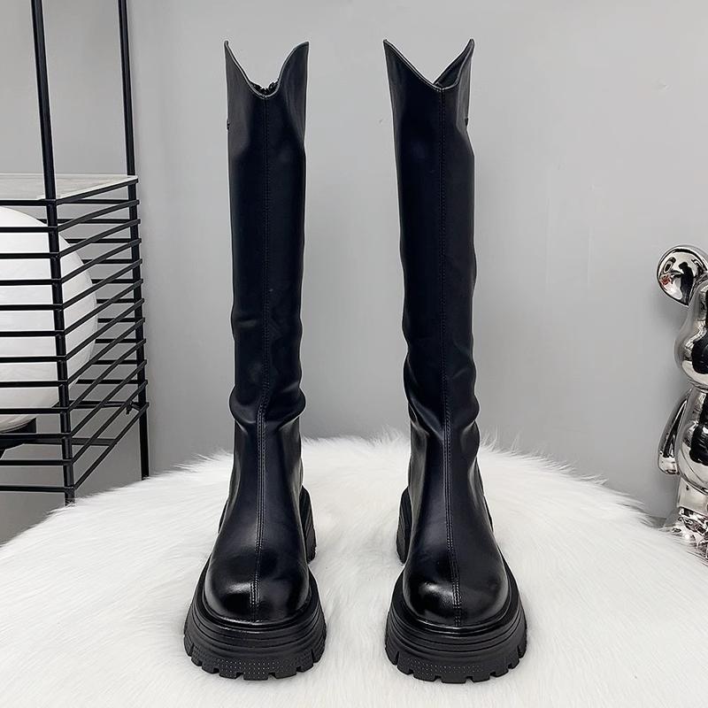 Quality Long Women Boots Flats Platform Knee High Leather Shoes Chelsea High Boots New Goth Trend Walking Fashion Mujer De Botas