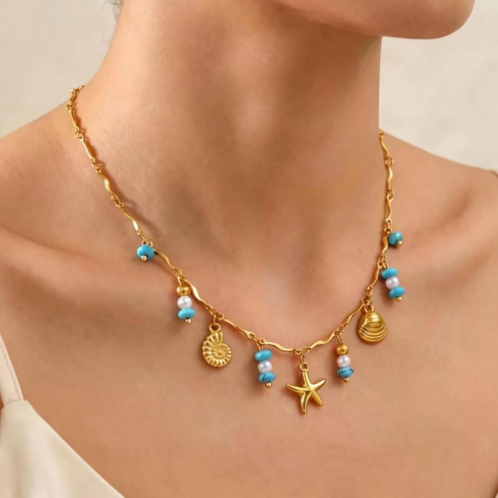 Blue Natural Stone Shell Conch Pearl Pendant Necklace for Women, Stainless Steel Fashion Ocean Style Neck Chain Jewelry