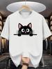 Cute Animal Unisex Short Sleeve Tshirt Peeking Black Cat Big Eyes Cartoon Print O Neck Tee Lovely Kitty Male Casual Fashion Tops