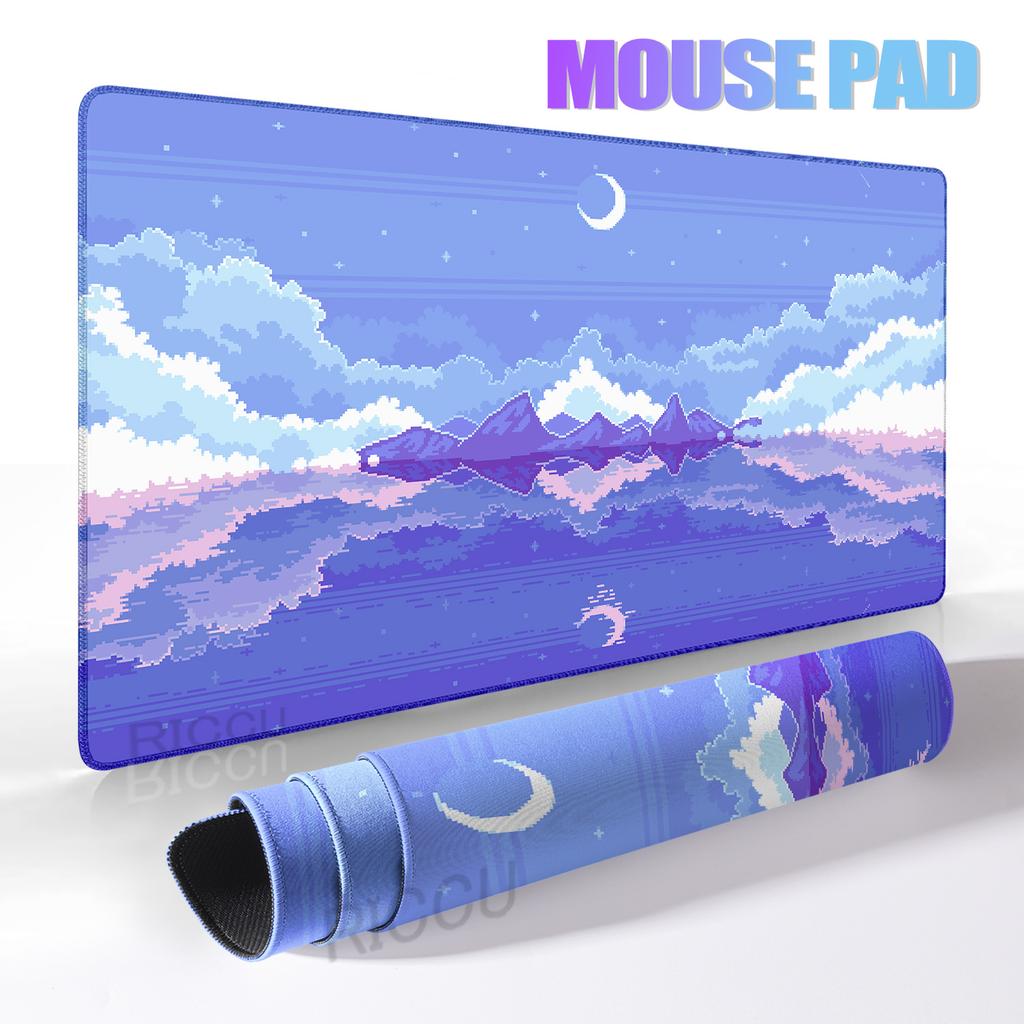 Pixel Art Cloudy Sky Mousepad Cute Mouse Pad Kawaii XXL E-Sports Desk Pad Extended Gaming Keyboard Mat Large Pink purple DeskMat