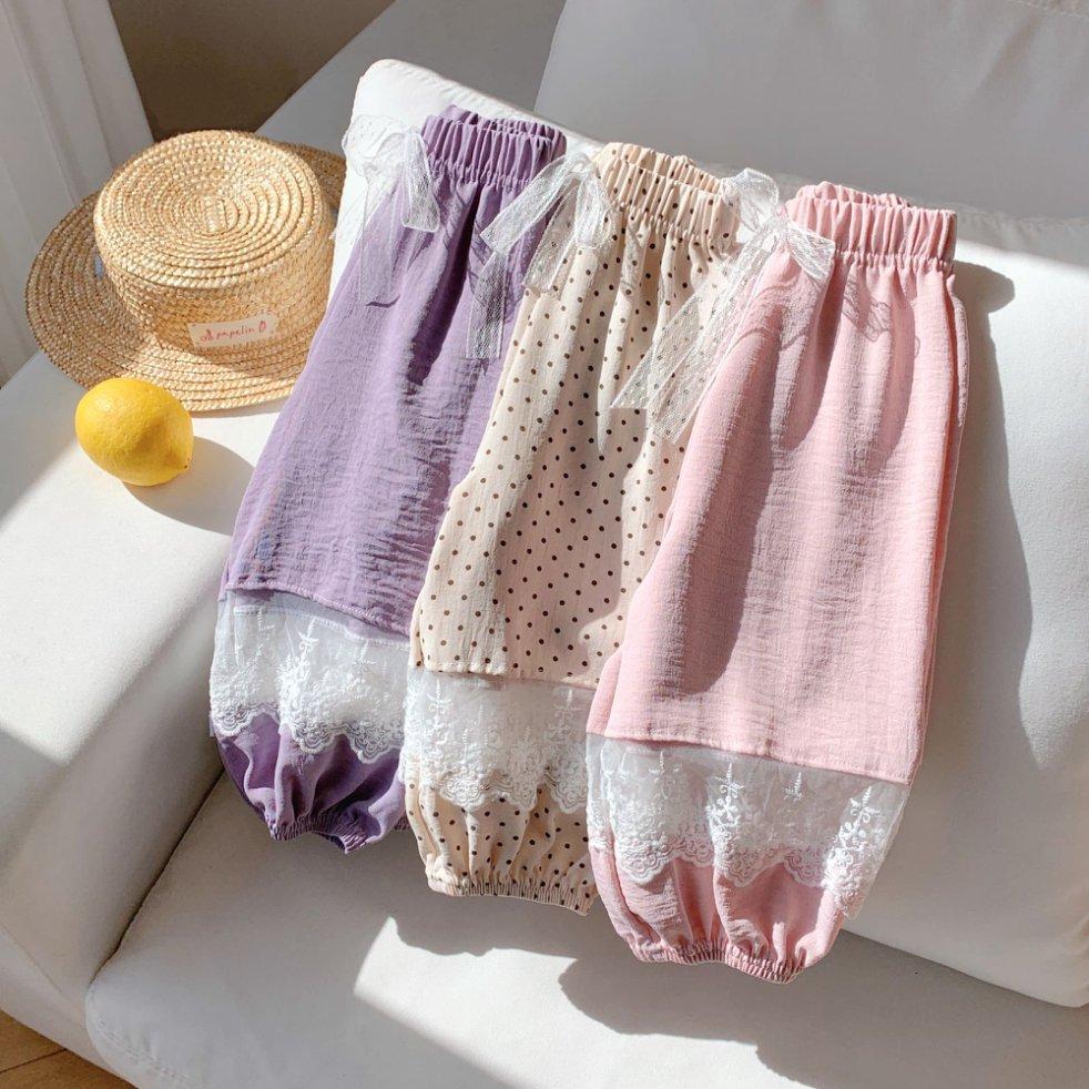 Children's Korean Pants with Lace Patchwork Mosquito Repellent Versatile and Sweet Drawstring Casual Pants