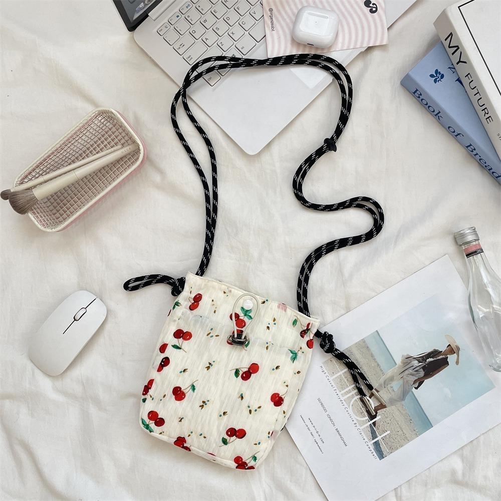 Minimalist Style Drawstring Canvas Crossbody Bag Small Lightweight Shoulder Bag Floral Print Coin Purse Women Girl