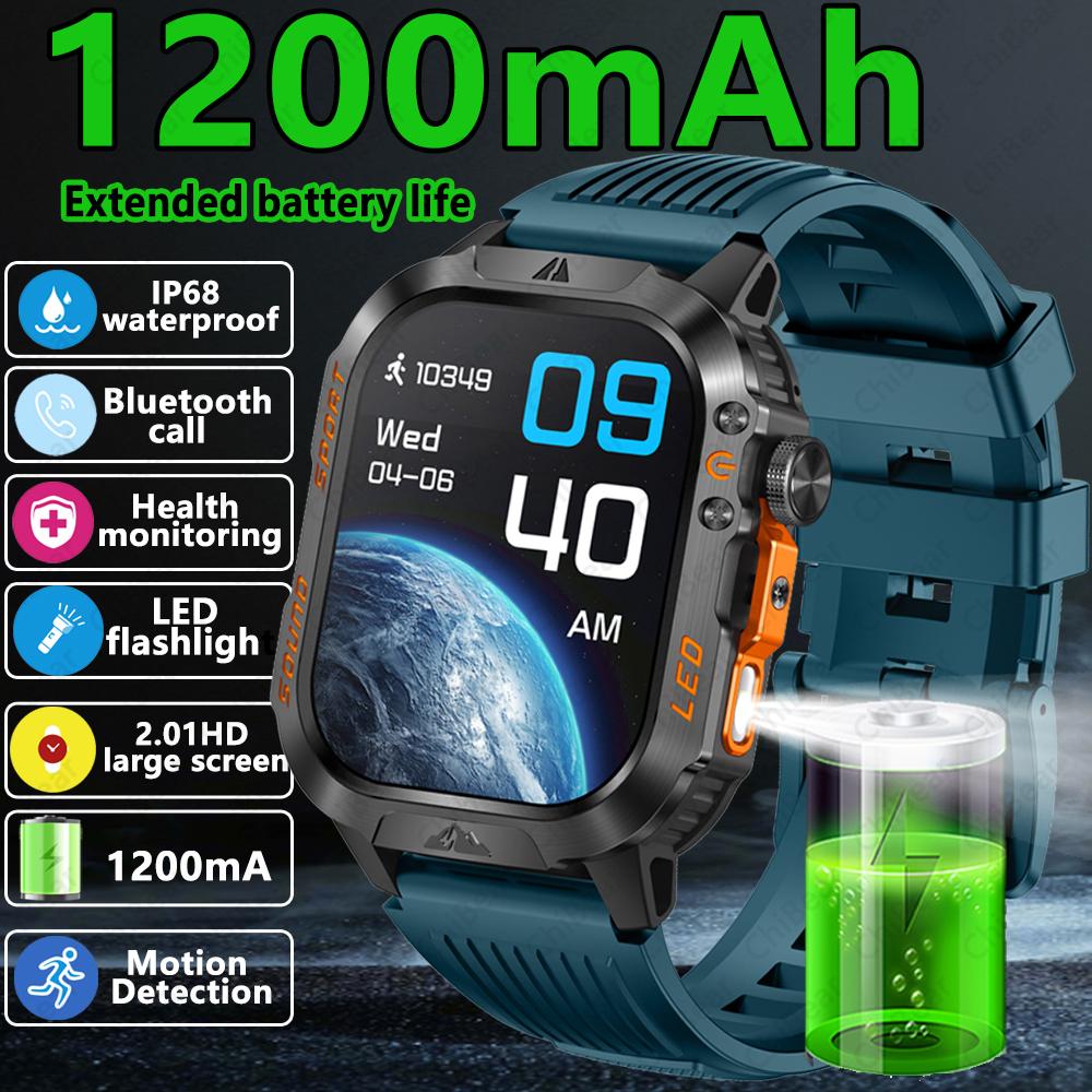 

1200mAh Extra Large Outdoor Military Rugged Smart Watch With SOS Signal Light LED Flashlight 100+Sports Modes 2.01‘’AMOLED Watch 1200mAh синий