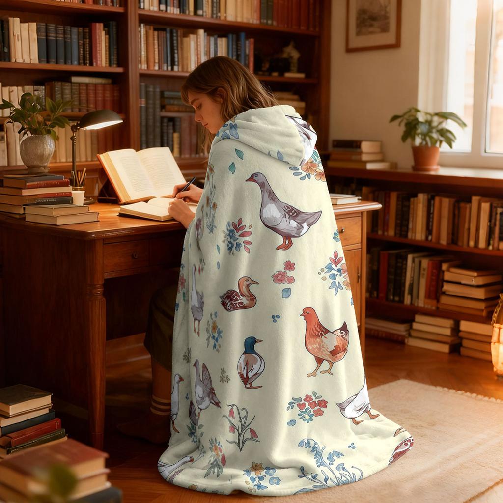 1pc pastoral duck and rooster floral pattern flannel hoodie wearable cape blanket multiple sizes washed