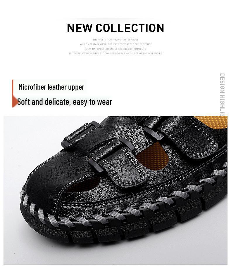 Men's Large Closed-Toe Handmade Leather Sandals, Breathable & Perforated for Beach