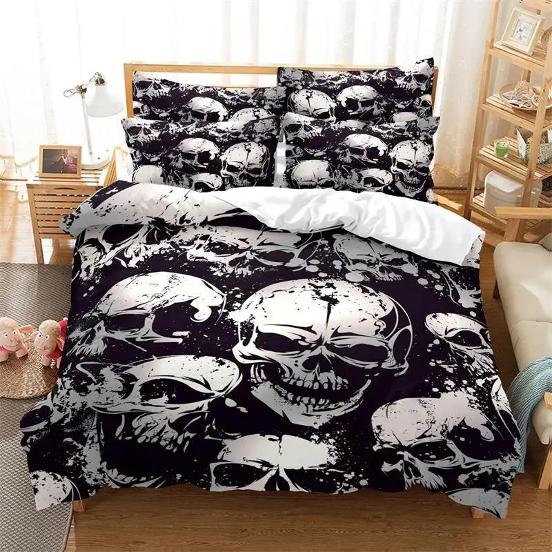 Comforter Gothic Comforter Sets Print Halloween Skull King Black White Decorative 3 Piece Bedding Set With Pillow Shams