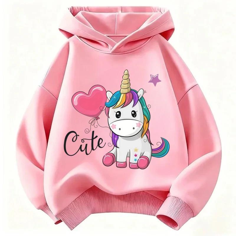 Classic children's comfortable hooded shirt with cute unicorn print, fashionable for sports,long-sleeved, casual pullover hoodie