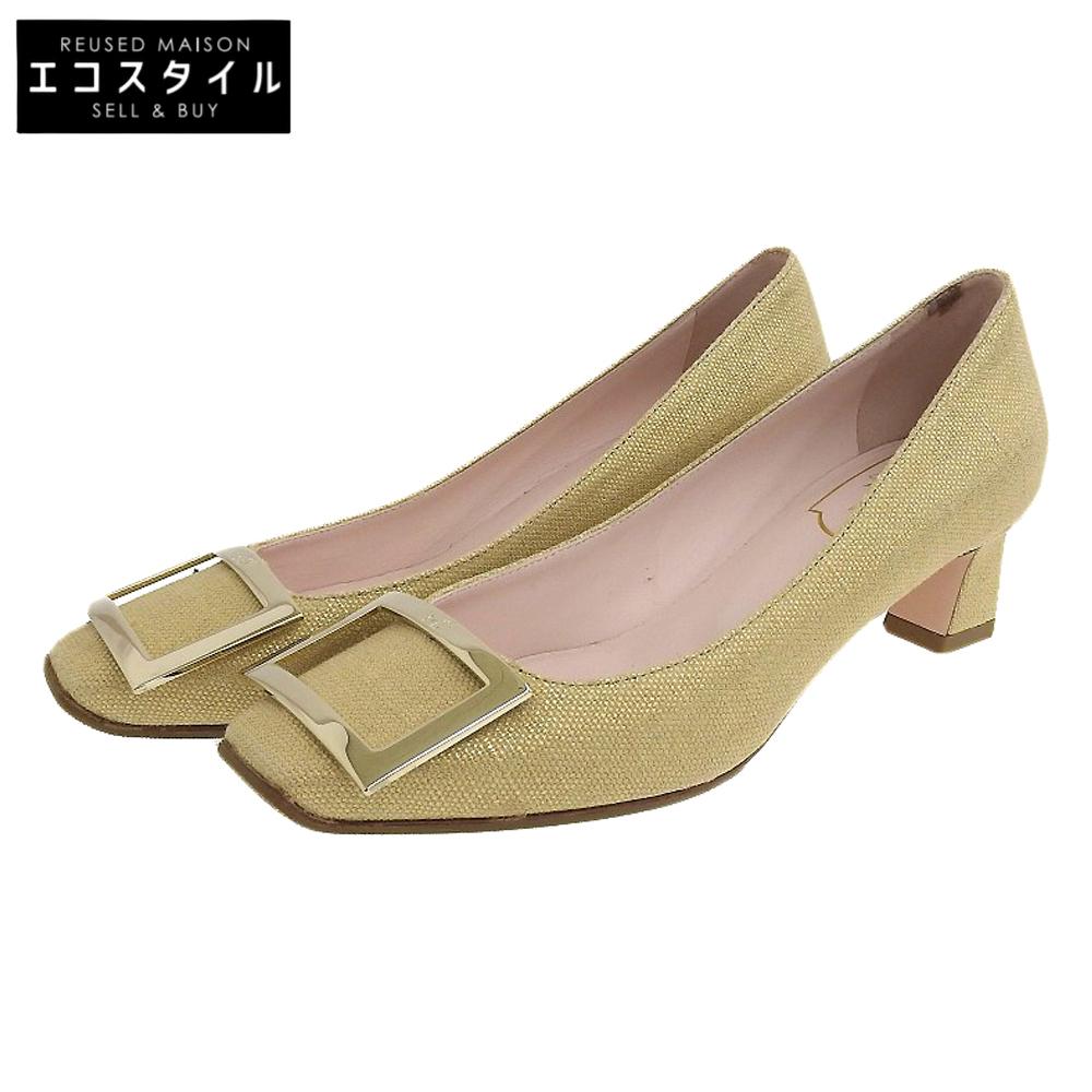 Roger Vivier Excellent condition square metal buckle canvas square toe chunky heel pumps beige x gold size 36 shoes 36 Beige / goldUsed