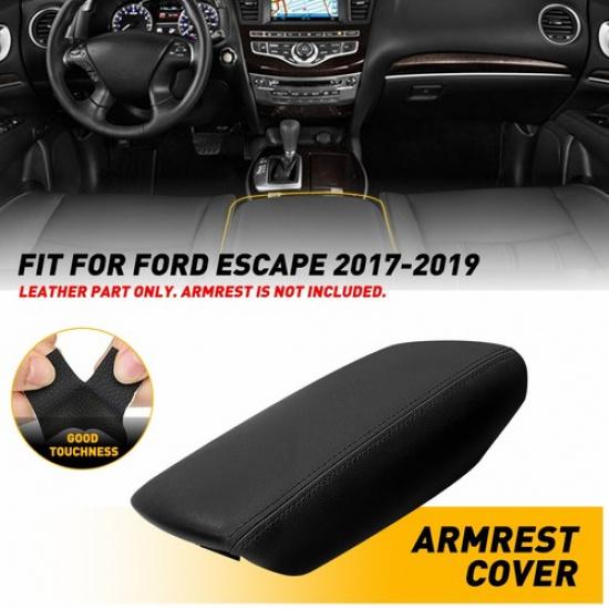 Fit Ford Escape 2017- Black Leather Armrest Center Console Lid Cover Skin EA
