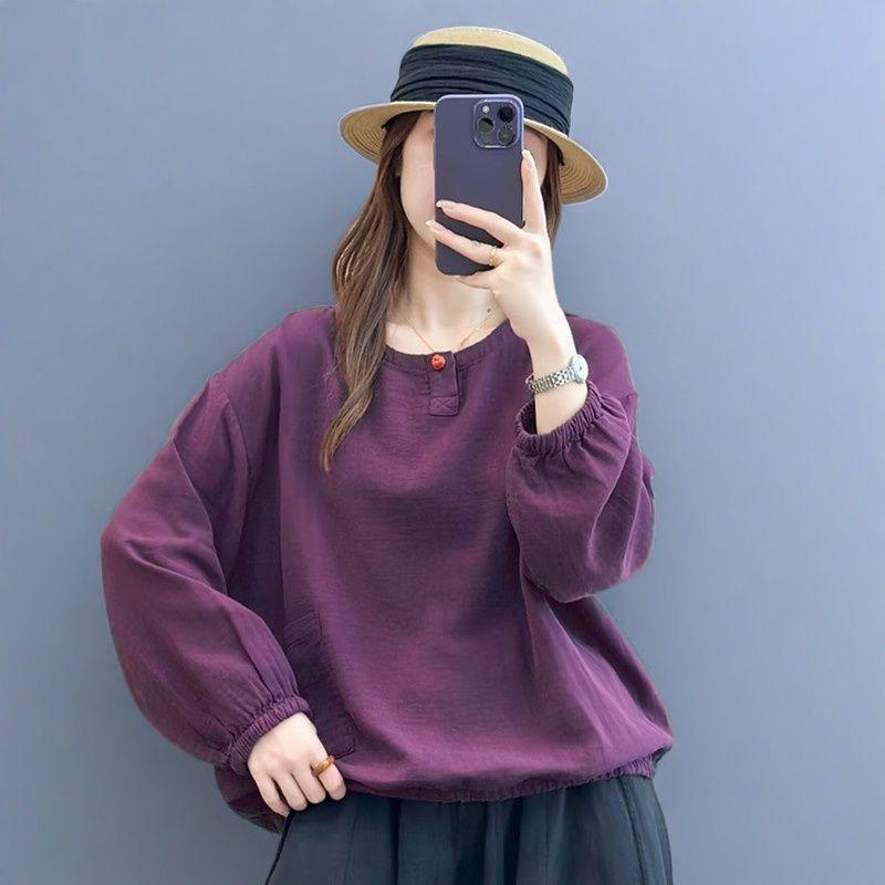 New Chinese Style Simple Solid Color Double-layer Cotton Loose Versatile Long-sleeved Pullover Top with Slimming Temperament