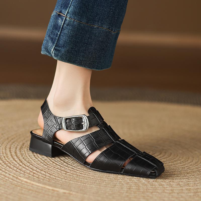 Fashion Women's Cow Leather Square Toe Hollow-out Ankle Strap Low-heel Sandals High Quality Soft Comfortable Elegant Ladies Daily Shoes
